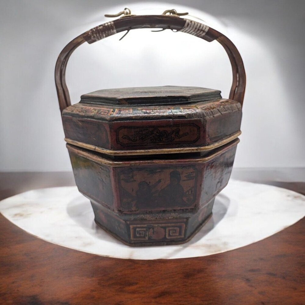 Antique Chinese Bamboo Wedding Basket Box Laquer Finsh Brass Handle